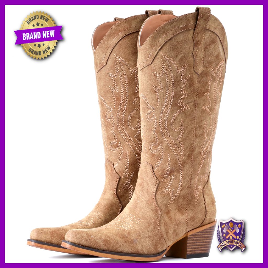 Western Cowgirl Boots Chunky Heel Mid Calf Snip Toe Handcrafted Embroidery
